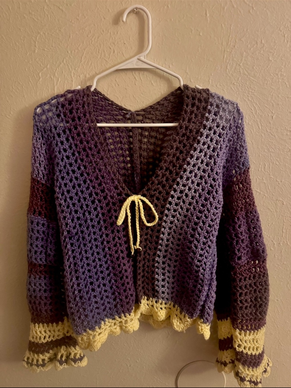 Handmade Crocheted V-Neck Sweater Cardigan in Purple and Yellow